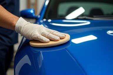 Technician applying ceramic coating to a blue car