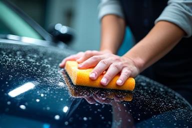 Technician performing a hand wash on a luxury car