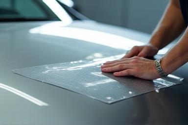 Protective film being applied to car hood