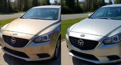 Before and after of Maya Patel's sedan after road trip